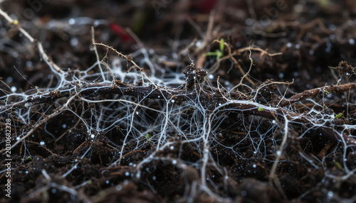 Mycorrhizal fungi network white mycelium threads in dark organic soil