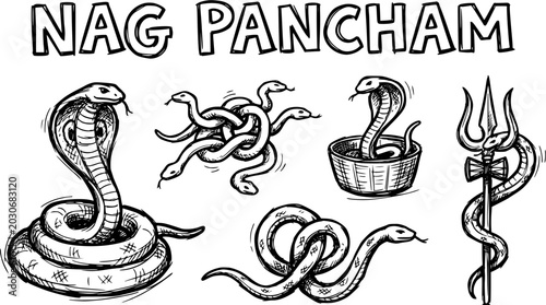 Foto Nag Pancham Hindu Festival Snakes Cobra Serpent Line Art Vector
