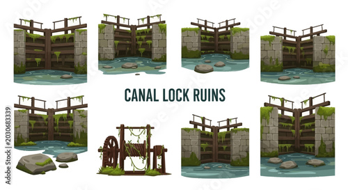 Billede på lærred A collection of seven illustrations of weathered mosscovered canal lock ruins an