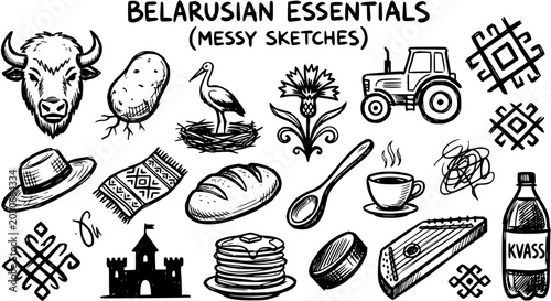Belarusian Essentials Messy Sketches: Hand-Drawn Black  White Line Art Collection of Culture, Food, Agriculture  Travel Symbols