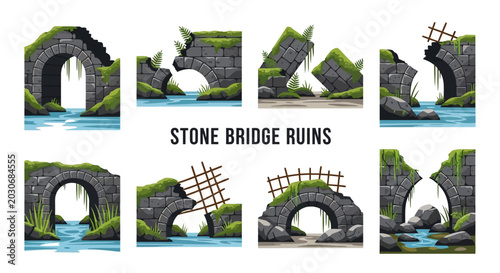 Foto Collection of eight illustrated stone bridge ruins with archways moss greenery a