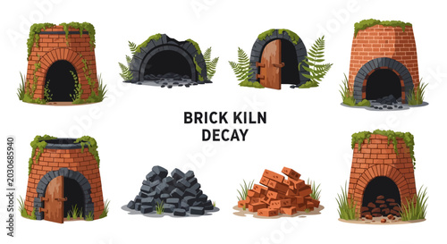 Tableau sur toile Set of digital illustrations showing weathered mosscovered brick kilns and piles