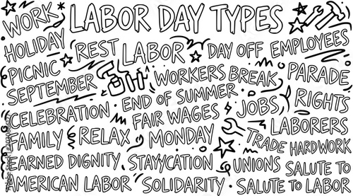 Schilderij op canvas Labor Day Types Black  White Line Art: Work, Holiday, Rest, Jobs, Unions, Celebr