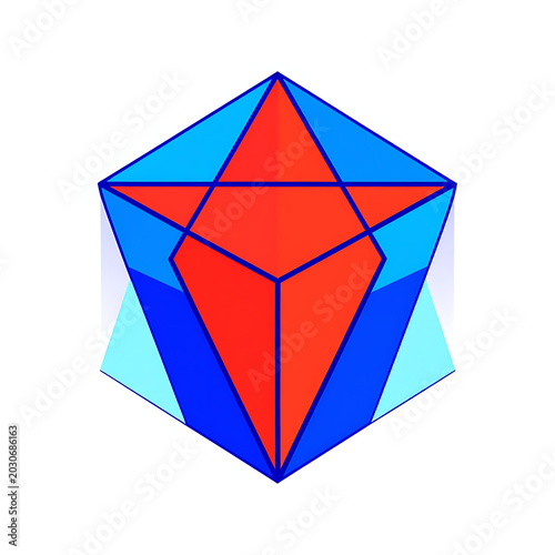 Abstract geometric shape with interlocking planes in red, blue, and light blue, faceted polyhedron, multifaceted design element