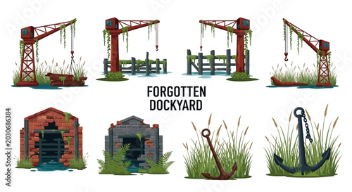 Bild auf Leinwand Set of eight stylized illustrations featuring rusted cranes dilapidated brick st