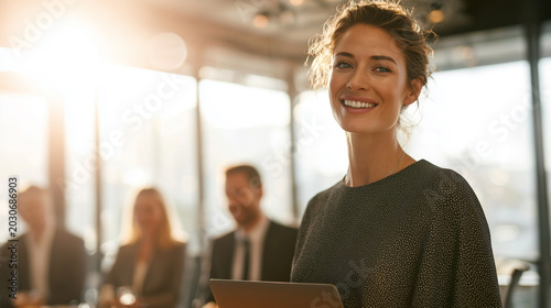 A smiling group of business people and businesswomen in suits talking and using a laptop while standing together in the city and sitting in the subway