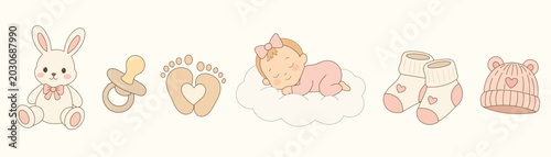 Cute Newborn Baby Decoration Set. Baby Shower Party Hand Drawn Design Element. Lovely Kawaii Infant Child Birth Symbol. Happy Kid Childhood Greeting Cart Sign Icon. Doodle Baby Birthday Cartoon Art.