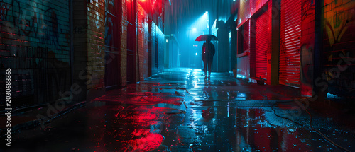 Person walks in rainy alley with umbrella at night under colorful lights