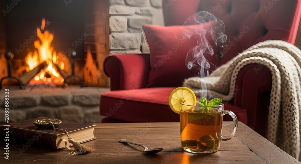 Fototapeta premium Cup of hot lemon tea on a wooden table in front of a cozy fireplace