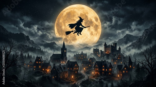 Spooky halloween background witch flying before a full moon over village