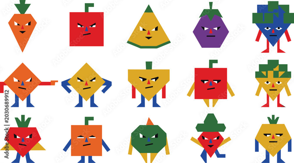 Fototapeta premium Geometric Vegetable Character Collection with Angry Cartoon Faces, Pixel Style Shapes, Funny Food Mascots, and Retro Vector Illustration Set