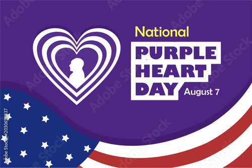 Vector of National Purple Heart Day, August 7th. With a purple background, a combination of the colors of the United States flag and a heart symbol.