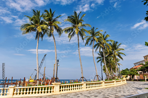 Canvastavla Phu Quoc, Vietnam - January 3 2026: Palm-lined tropical promenade near seaside r