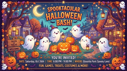 Spooktacular halloween bash background with ghosts and pumpkins