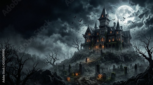 Spooky halloween background with haunted mansion and full moon