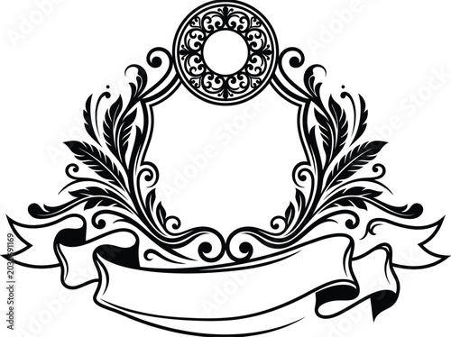Tableau sur toile Black and white intricate ornamental frame with scrolling vines and blank ribbon for proficient rendering projects