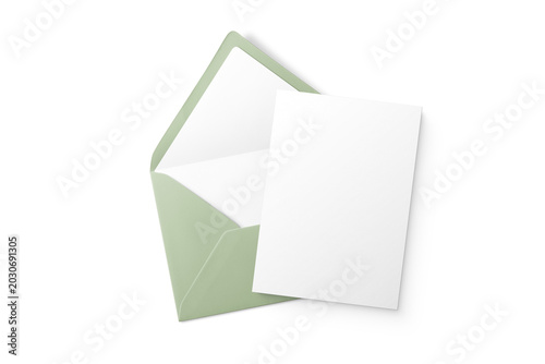 Sage green euro flap envelope and 5x7 invitation card mockup isolated on transparent background, PNG. High Resolution.