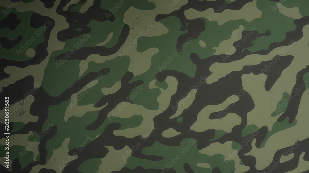 Fototapeta premium Close-up of green camouflage fabric with irregular shapes and patterns for military, outdoor, or tactical use backgrounds