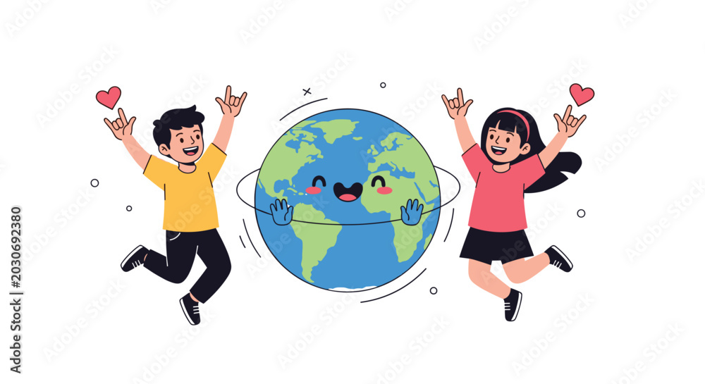 Fototapeta premium Two joyful children jump in the air next to a smiling cartoon earth globe to celebrate environmental love and care.