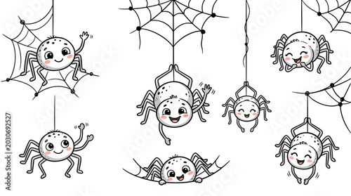 Fotografie Cute spider cartoon vector set, friendly arachnid characters hanging on spiderwe