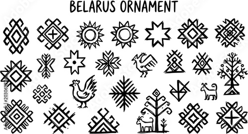 Canvastavla Hand-Drawn Black  White Line Art Collection of Belarusian Traditional Folk Cultu