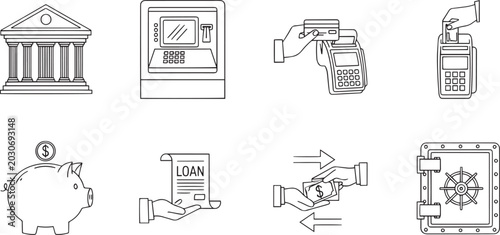 Slika na platnu Digital Banking Finance Management and Electronic Money Transaction Linear Icons