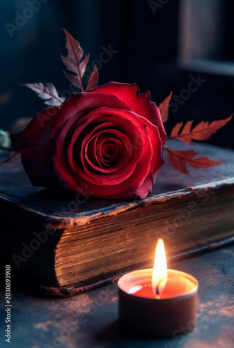 A deep red rose on an old book, candlelight flickering, moody shadows, dark academia ae 