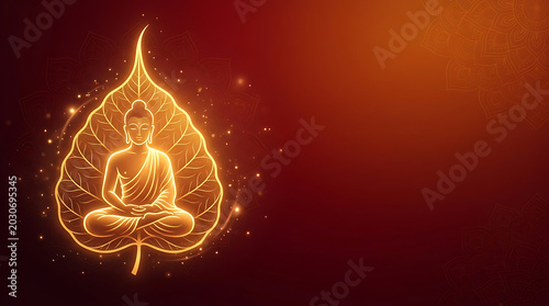 Illuminated Bodhi Leaf with Seated Buddha Figure Glowing with Spiritual Energy