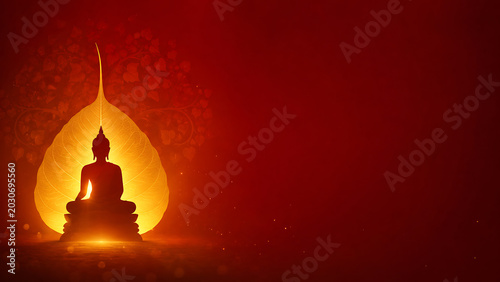 Serene Buddha silhouette under sacred Bodhi leaf, radiating spiritual light and tranquility