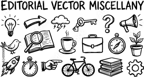 Editorial Vector Miscellany: Lightbulb, Arrow, Cloud, Book, Magnifying Glass, Coffee, Suitcase, Compass, Plant, Rocket, Clock, Hand, Bike, Books, Gear, Key, Question Mark, Megaphone