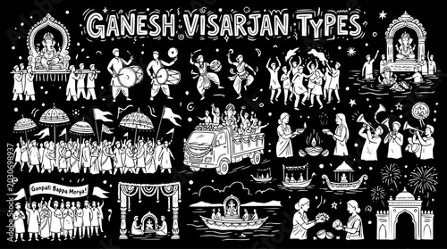 Bild auf Leinwand Ganesh Visarjan Indian Festival Types Black and White Line Art