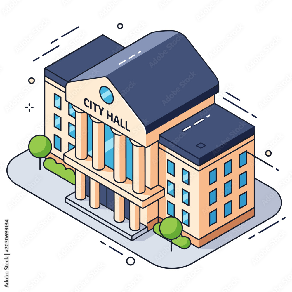 Fototapeta premium Isometric city hall building with columns and trees