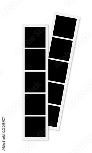 Minimal photobooth strip mockup with overlapping blank instant photo frames and realistic shadows on transaprent background. Retro film template for memories and branding