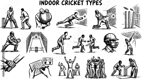 Obraz na płótnie Indoor Cricket Sports Player Actions and Equipment in Black and White Line Art H