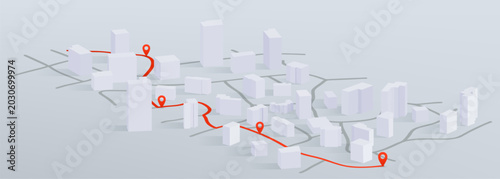 Tableau sur toile 3D isometric city map with red gps marks and navigation route, vector illustration