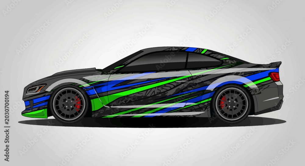 Fototapeta premium Sports Car Side View with Abstract Racing Vinyl Wrap Design
