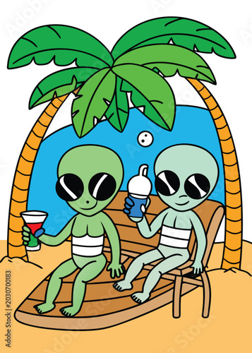 Two cartoon aliens lounging on beach chairs, holding colorful drinks, under palm trees and near ocean waves, enjoying a serene summer getaway.