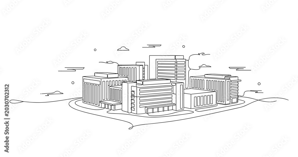 Naklejka premium City buildings clustered on island in minimal line illustration. No editable stroke