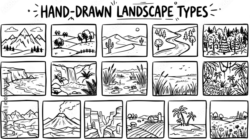 Obraz premium Hand-Drawn Landscape Types Black and White Line Art Collection for Nature, Environment, Geography, and Educational Content