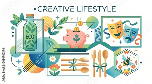 Eco friendly lifestyle vector collage with eco friendly bottle, sustainable living and creative hobbies