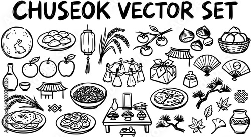 Chuseok Korean Thanksgiving Festival Icons Set, Black and White Line Art Vector Graphics