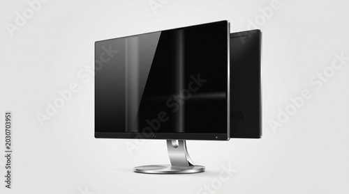 High-end dual screen PC monitor with sleek silver stand and black screens on a plain background