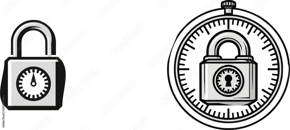 Fototapeta premium A black-and-white micro-icon design features a padlock with a small countdown timer wheel, symbolizing an automated user session timeout event for enhanced security on a pure white background