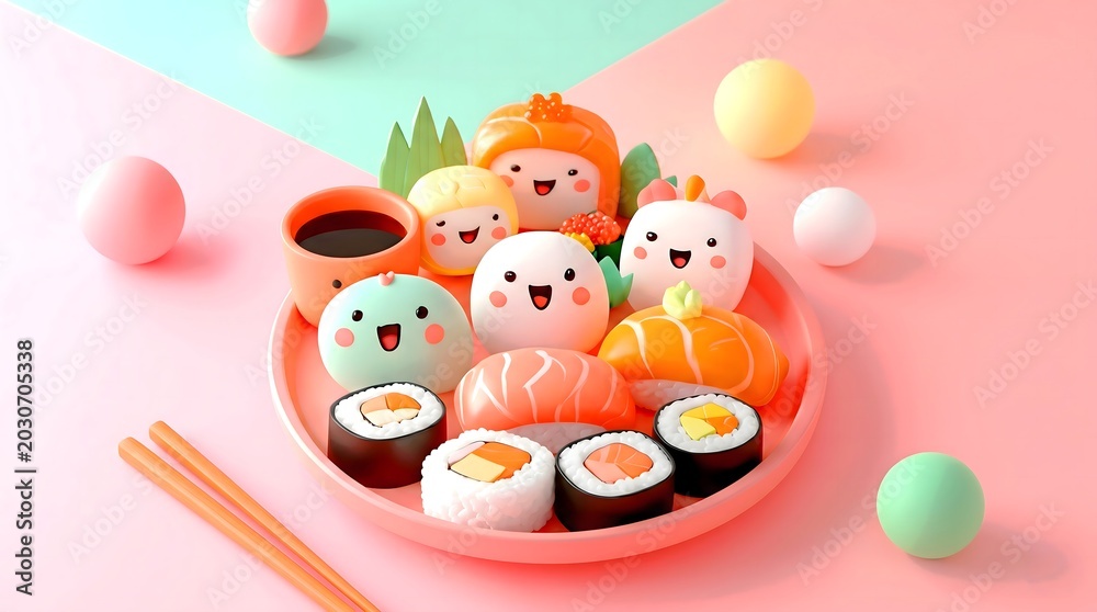 Fototapeta premium Cute 3D illustration of kawaii sushi and roll characters with funny smiling faces served on a plate. Adorable Japanese food concept backdrop in pastel pink and green colors, featuring happy nigiri, ma