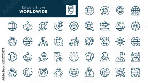 Worldwide outline icons set. Earth, world, sphere, planet, population, global network and more. Line icon in linear style. Vector collection	