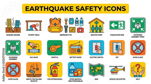 Essential vector icons depicting comprehensive earthquake safety guidelines and emergency preparedness actions for natural disasters, focusing on survival and community response