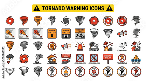 Extensive set of flat vector icons for tornado and hurricane warnings, storm safety, and natural disaster preparedness, ideal for emergency communication graphics