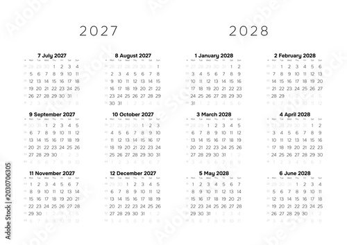 Professional 2027-2028 Annual Calendar Template A4 Minimalist Full Year Planner for Corporate Scheduling and Project Timeline