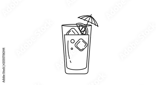 Summer Cocktail with Ice, Lemon Slice, and Umbrella - Line Art