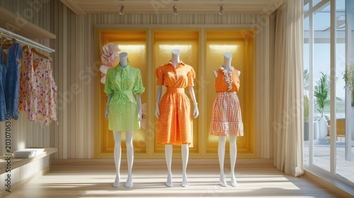 Stylish mannequins displaying colorful summer dresses in modern
